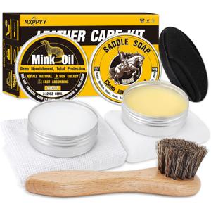 Leather Boot Care Kit, Mink Oil & Saddle Soap for Leather Cleaning & Leather Boots, 6-in-1 Leather Shoe Care Kit