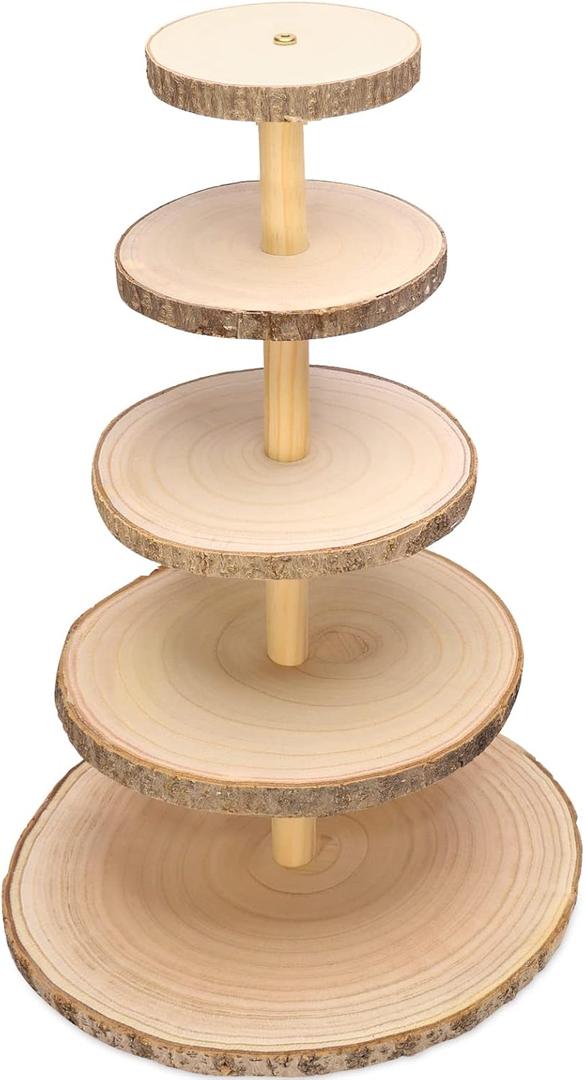 Ayfjovs 5 Tiered Rustic Wood Cupcake Stand, Detachable Large Slices Round Cupcake Tower Holder for Party and Rustic Wedding Decoration