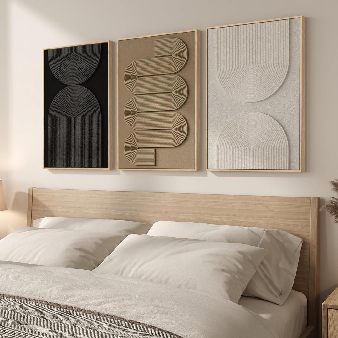 3D Textured Framed Boho Neutral Abstract Wall Art for Bedroom Decor, 3 Piece Modern Artwork for Walls, Black White Brown Minimalist Geometric Paintings for Living Room, Dining Room Wall Decor 16x24 In, 16"w X 24"h X 3pcs