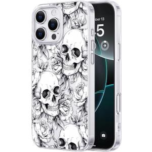 Skull Phone Case for iPhone 16 Pro Max Compatible with MagSafe, Clear Skeleton for Halloween Gothic Witchy Grunge Cool Design, Heavy-Duty Protection for Women Girls Men, Black White Rose Skull