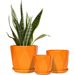Ceramic Plant Pots, 6.7 + 5.3 + 3.9 Inch Octagon Pots for Plants, Flower Planters for Indoor with Drainage and Saucer Set of 3, Bright Orange