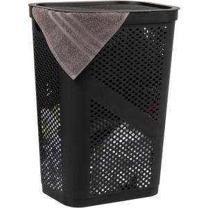 Mind Reader Slim Laundry Hamper with Lid, 60L Clothes Basket, Ventilated Plastic, Black (Single)