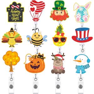 12 Pcs Valentine's Day Badge Reels Rabbit Retractable Holiday Nurse Badge Clip Reels Holder Felt with Clip for Teachers Doctor Employees Volunteers Xmas Decor(Cute Style)