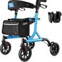 Rollator Walker for Seniors with Cup Holder, Upgraded Thumb Press Button for Height Adjustment, 4 x 8 Wheels Walker with Seat Padded Backrest Folding Lightweight Walking Aid, Blue