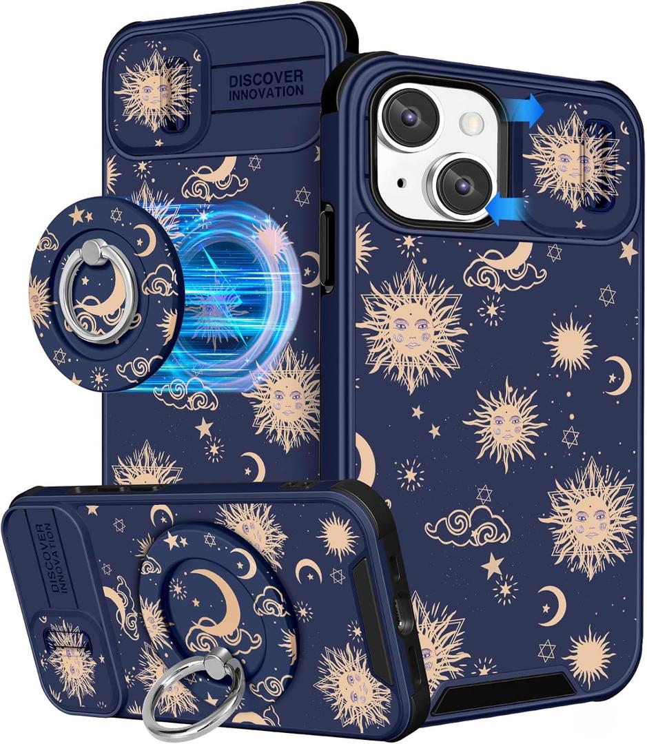Buleens for iPhone 15 Plus Case 6.7 Inch - with Ring Stand & Camera Cover Aesthetic Cute Designed for Women Girls Sun Moon Stars for iPhone 15 Plus Phone Case Compatible with Magsafe