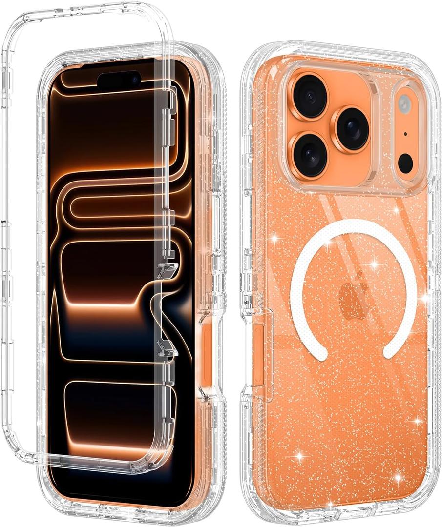 I-HONVA for iPhone 17 Pro Case Clear [Non Yellowing] [Compatible with MagSafe] Shockproof 3-Layer Full Body Protection Rugged Heavy Duty Cover Case for Apple iPhone 17 Pro 6.3",Clear Glitter
