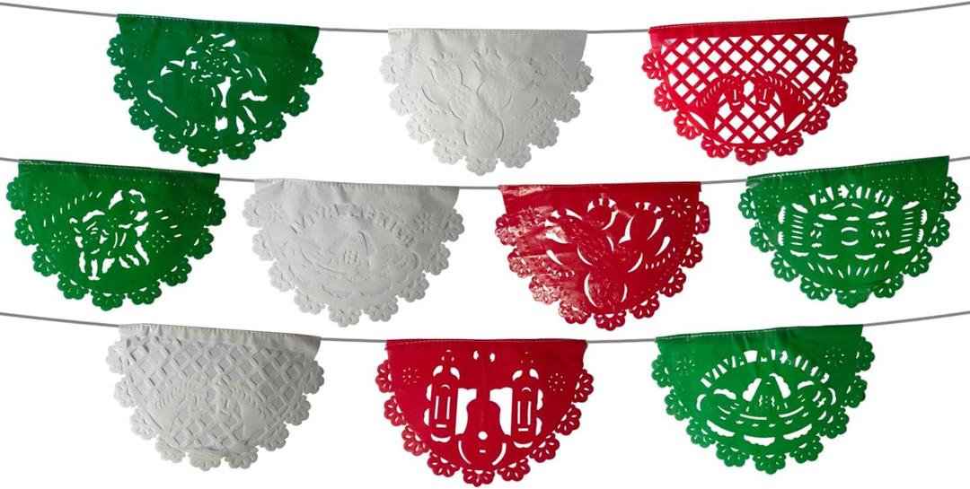 5 Pack - 10 Plastic Flag Designs per Banner Mexican Paper Papel Picado Cinco de Mayo Dia De Los Muertos Decor Day of the Dead Banner. 82 Ft Long "Tri Color" Garland. Green White and Red Vibrant