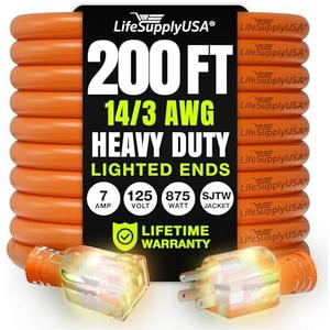 200ft Outdoor/Indoor Extension Cord 14/3 Gauge Heavy Duty 3 Prong SJTW, Waterproof, Flexible Cold-Resistant Long Power Cord,7A 125V 875W, Orange by LifeSupplyUSA