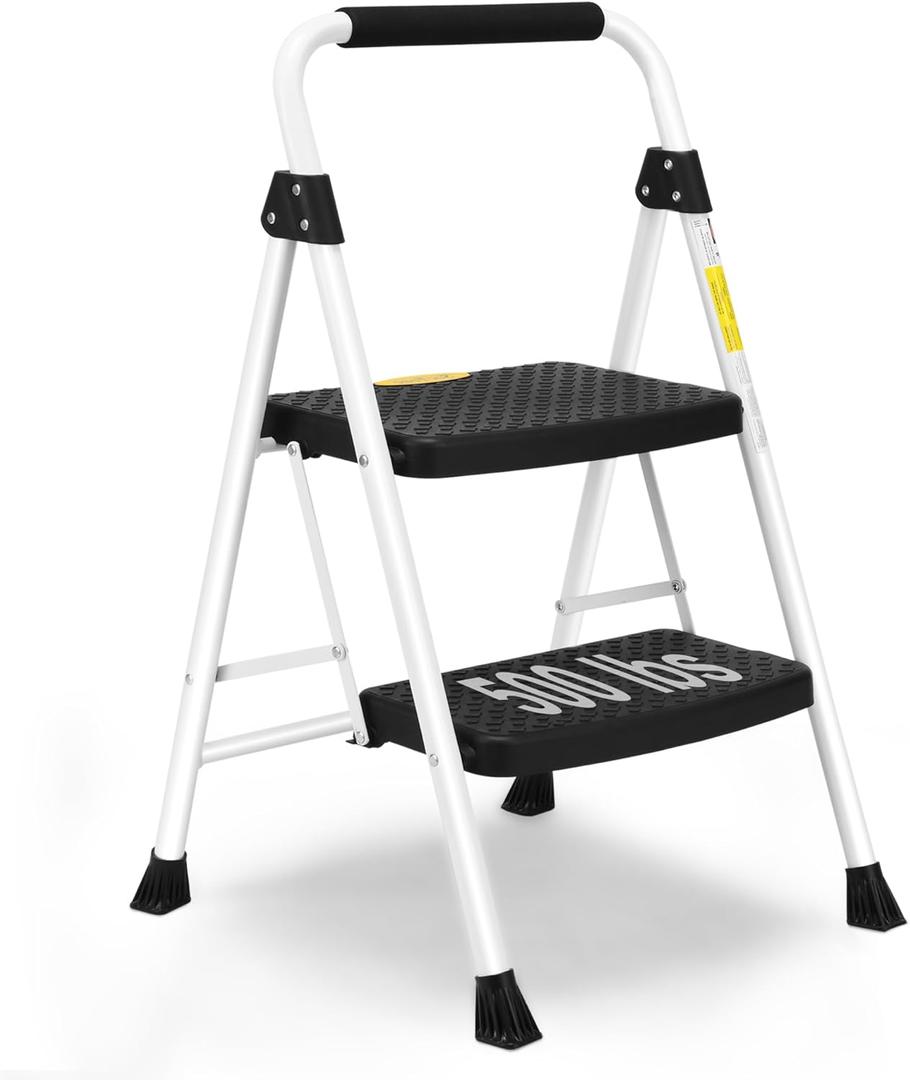 SocTone 2 Step Ladder, Folding Step Stool for Adults with Handle, Lightweight, Perfect for Kitchen& Household, 500lbs Capacity Sturdy Steel Ladder, White