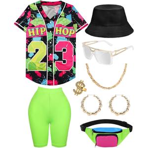 80s 90s Outfit for Women Baseball Jersey Shirt Shorts Fanny Pack Retro Party Costume Repper Accessories, Large 