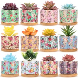 Threehoney 12 Pack 3.14 Inch Ceramic Succulent Plant Pots Mini Flower Cylinder Pots with Drainage Hole and Bamboo Trays for Small Plants Flowers Cactus Home Office Decor(Chinoiserie)
