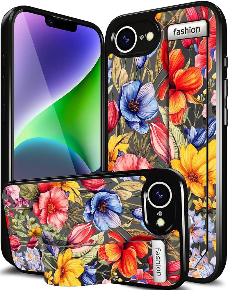 Compatible for iPhone 16e Case Cute with Strap Stand Finger Kickstand, Designer Cool Silicone Cases Funda Cover - Red Dark Florals Flowers