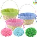 JOYIN 1 PCS Easter Bamboo Baskets with Plaid Lining and Handle and 3 Colors Grass Paper Shreds for Easter Egg Hunt, Kids Party Treats, Filling with Party Favors (Blue, Pink, Green)