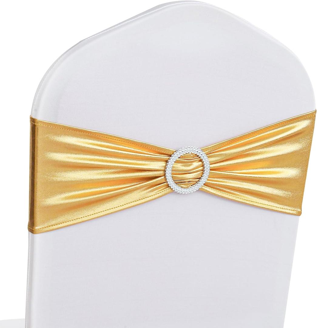timecity Gold Spandex Chair Sashes Bands 10 Packs Christmas Metallic Stretch Chair Ties Bows Bulk with Buckle Slider Elastic Ties for Wedding Banquet Birthday Party Decor