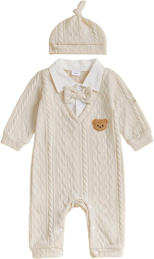 Newborn Baby Boys Gentleman Knit Romper Long Sleeve Bowtie Jumpsuit with Hat Infant Cute Fall Winter Clothes (0-3 Months, Apricot)