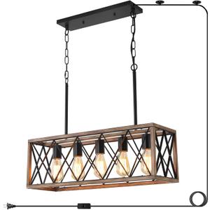 KEESFU 5-Light Farmhouse Plug in Chandelier for Kitchen Island,Dining Room
Wood Grain Plug in Pendant Light with 14.7ft Cord, Adjustable Height Light Fixture for Dining Table & Foyer; E26 Base