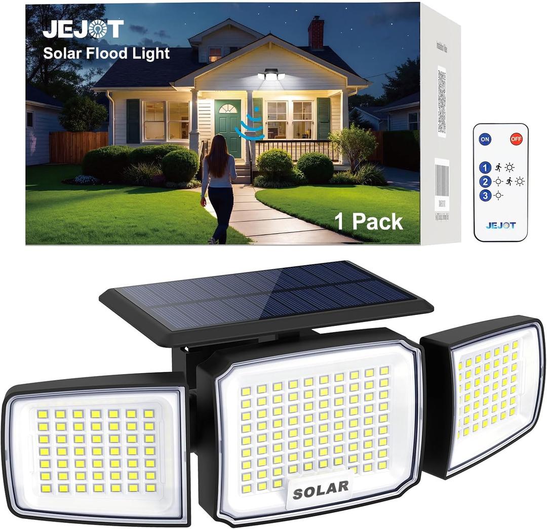 JEJOT Solar Security Light Outdoor,Solar Flood Light with Active Motion Sensor,3 Heads 270° Wide Angle,Remote Control,IP65 Waterproof, 3 Modes (1 Pack)