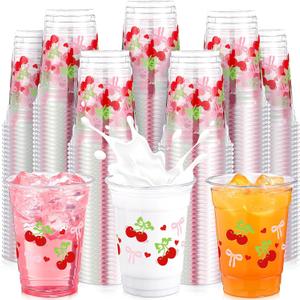 Jingmore 36 Pcs Cherry Bow Plastic Cups 12 oz Red Pink Coquette Bow Heart Clear Disposable Drinking Cups Cherry on Top Party Decoration for Birthday Weddings Bridal Baby Shower Bachelorette Supplies