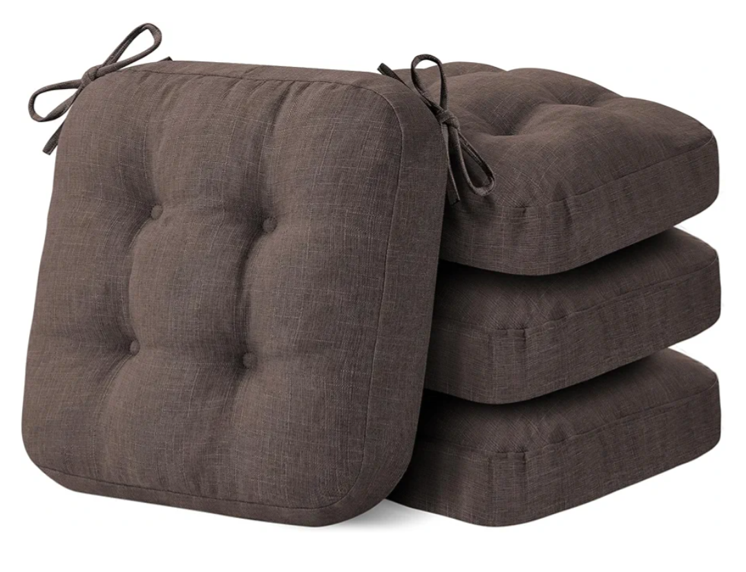 Chair Cushions for Dining Chairs, Dining Chair Cushions, Tufted Indoor Chair Pads with Ties & Non Slip Backing, Seat Cushions for Kitchen Chairs 16.5” x 16.5” x 3.5”, Set of 4, Brown