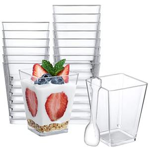 SHOPDAY 5 oz Plastic Dessert Cups 25 Pack Small Clear Square Parfait Cups with Spoons, Mini Plastic Tumbler Serving Cups for Tasting Party Appetizers Mousse Yogurt