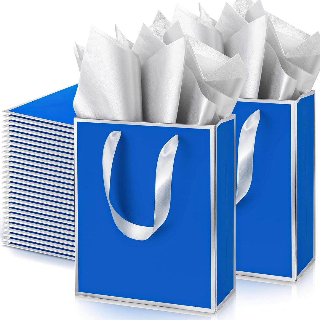 Yeaqee 50 Pack Metallic Gift Bags with Handles and Tissue Paper Gold Foil Thank You Gift Bag for Wedding Hotel Guest Fall Birthday Baby Shower Holiday Party Favors, 9x7x3.15'' (Royal Blue,Silver)