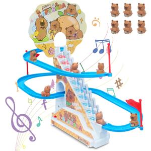 Roller Coaster Toys for Toddlers, Climbing Stairs Slide Toy Set with Flashing Lights & Music On/Off Button, Birthday Capybara Gifts for Boys Girls Kids