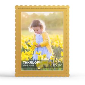 12x16 Picture Frame with Mat for 11x14, Wavy Edge Wooden Real Glass Photo Frame for Wall Hanging, Yellow, 1 Pack