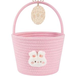 OIAHOMY Gift Basket with Handle, Personalized Baby Basket for Kids, Woven Rope Gift Empty for Toys, Baby Treasure Hunt Baskets with Wooden Card for Boys and Girls - Pink, 7.9"D x 5.9"W x 5.9"H