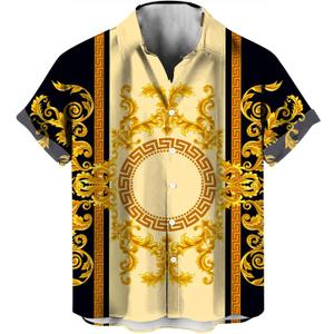 Funny Gold Floral Shirt Fashion Hip Hop Graphic Short Sleeved Button Shirt (Small, Beige)