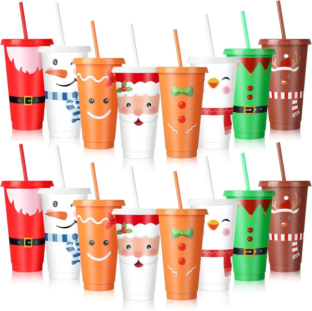 Christmas Plastic Cups with Lids and Straw Bulk 24 oz Xmas Disposable Tumblers Christmas Drinking Cups Santa Snowman Elk Thank You Gifts for Xmas Winter Coworkers Holiday Drinks (24 Pcs)