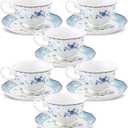 fanquare 5 Ounces Blue Rose Tea Cup Set of 6, Gold Trimmed Porcelain Coffee Cups for Party Home, Vintage British Afternoon Cup and Saucers