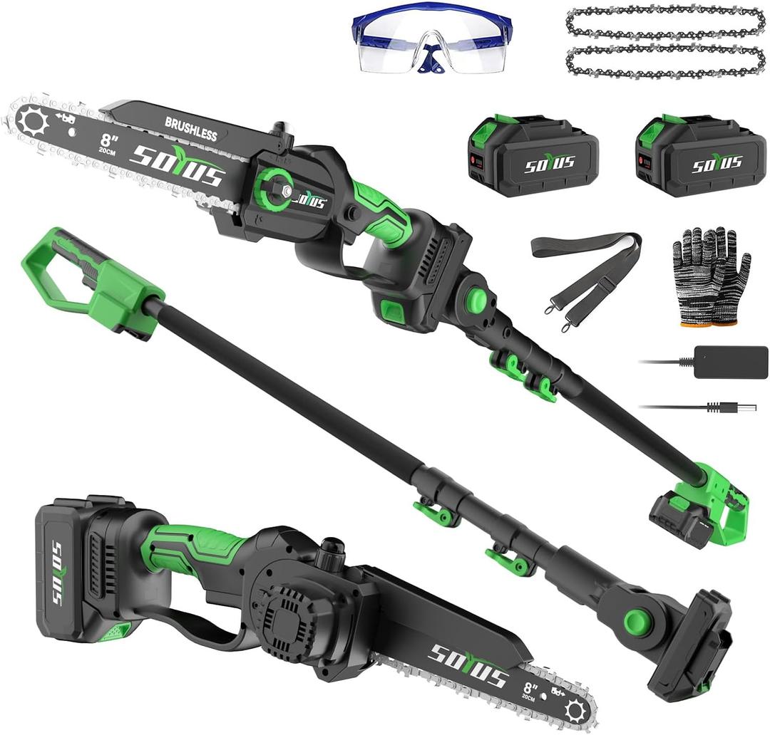 SOYUS 2-IN-1 Cordless Pole Saw & 8-Inch Mini Chainsaw for Tree Trimming, 21V Electric Pole Chainsaw with 2x 3.0Ah Batteries, Brushless Motor, Max Reach 15ft, Pole Saw for Thick Branch Cutting