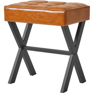 IBUYKE Square Makeup Stool with X-Leg Foot Rest, PU Footrest, Ottoman Seat, Multi-Use as Small Side Table, for Bedroom, Living Room, Light Brown LG-71J (17.72"-Leather)