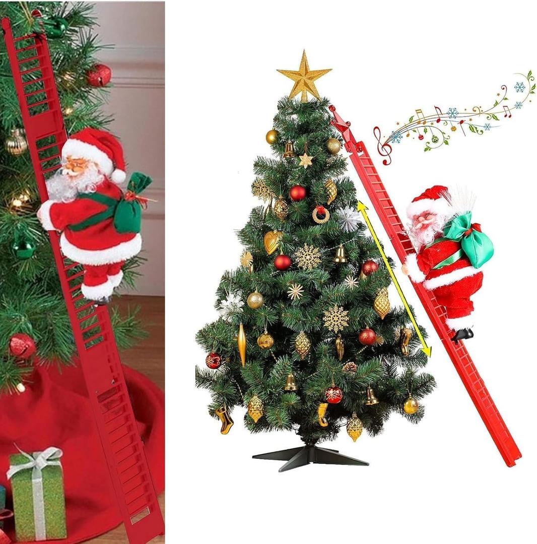 Electric Santa Claus Climbing Ladder to Christmas Tree with Music, Hanging Ornaments for Xmas Tree Ornament Indoor