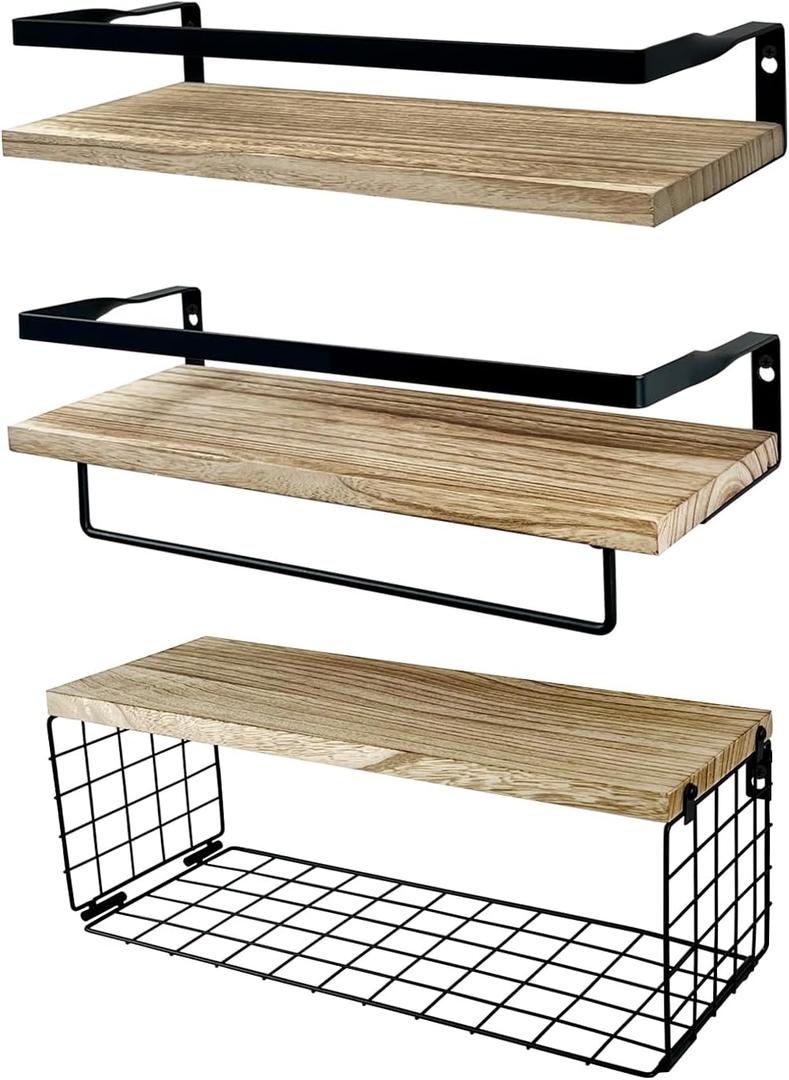 Floating Shelves Bathroom,Set of 3 Wall Mounted Shelves with Storage Baskets,Wall Shelves for Bathroom Wall Organizer,Over Toilet