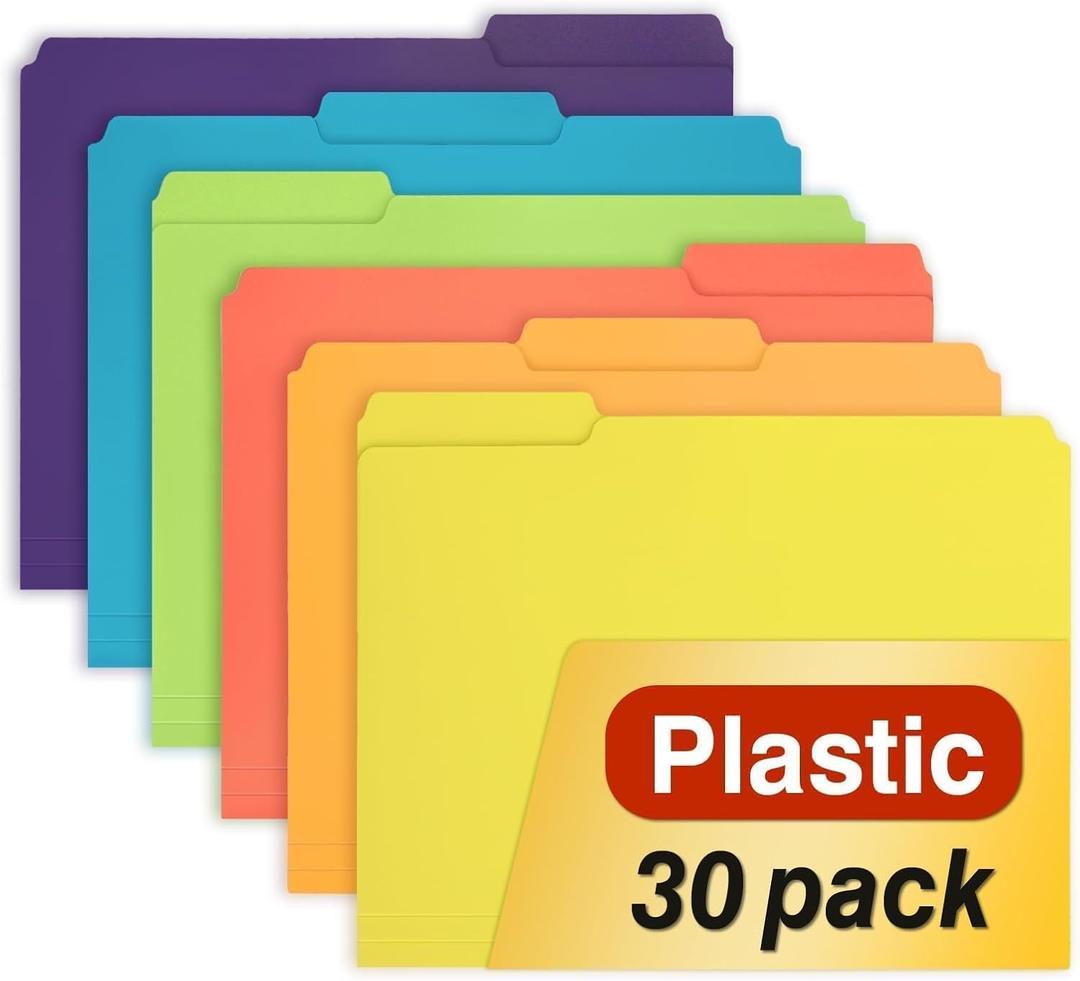H4D 30 Pack Plastic File Folders Heavy Weight, Poly Colored File Folders 1/3-Cut Tabs with Sticky Labels, Letter Size, Assorted Colors