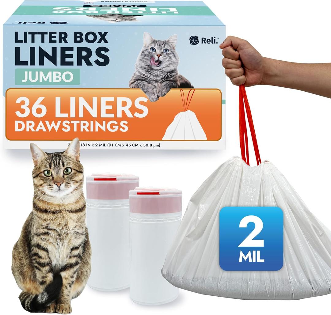 Reli. Cat Litter Box Liners (36 Count), Jumbo | Drawstring Litter Box Liner | Heavy Duty for Cat Pan, Pet Waste | Kitty Poop Bags, Drawstring Handles (White) (1 Count (Pack of 36))