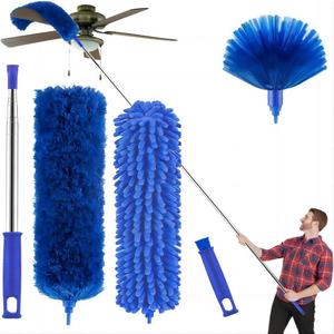 Buysenton Cobweb Duster with Extension Pole, Washable Cleaning Duster Kit with 3 Duster Heads, Cobweb Duster, Corner Brush, 15-100 Inch Long Aluminum Telescoping Pole for Ceiling Fan (Blue)