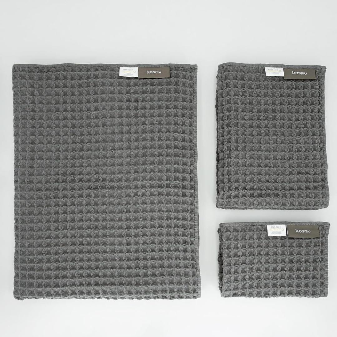 Luxury Organic Japanese Cotton Waffle Bath Towel | Thick, Absorbent, Quick Dry Bathroom Towels for Shower, Sauna, Onsen| Hotel & Spa Quality, Gift-Ready (Smoke Grey, Bath Sheet Set (3-Piece))