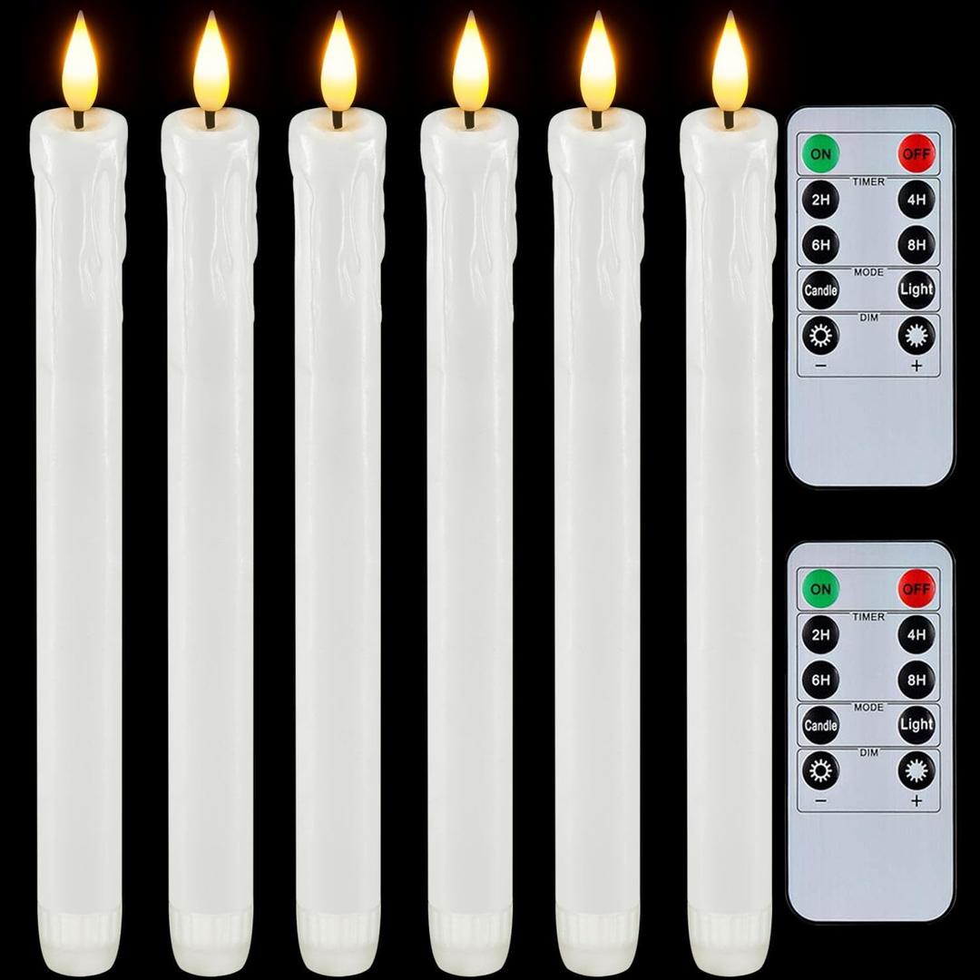 Homemory Real Wax LED Flameless Taper Candles with Timer, Dripless Battery Operated Window Candles with 3D Flickering Flame, 9.6 Inches White Flameless Candlesticks for Fireplace Christmas Halloween