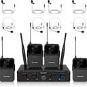 MELONARE 4-Channel Wireless Microphone System,UHF Compact Cordless Mic Set w/ 4x10 Frequencies, 200ft Range, 4 Bodypacks & Headset/Lapel Microphones for Singing, Church, Conference (MWM-41-4B)