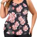 SOTHEA Plus Size Tankini Swimsuit for Curvy Women Bathing Suits Tummy Control Contrast Colors with Pockets Swim Shorts Black Pink Floral 14W