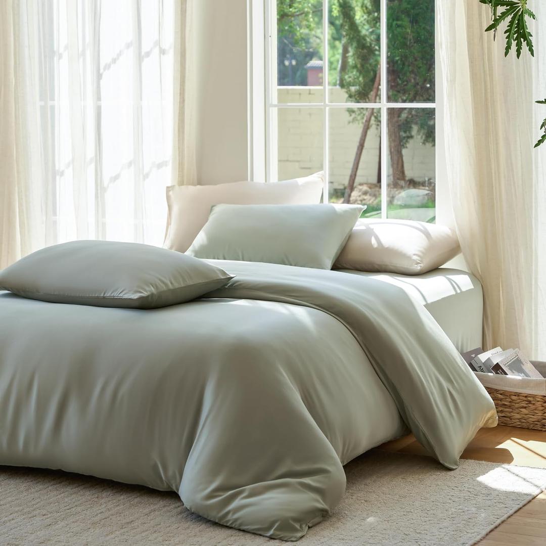DOZ Duvet Cover Set, 100% Viscose Derived From Bamboo, Organically Grown, Buttery Soft, Cooling Duvet Covers, High GSM, 1 Duvet Cover and 2 Pillowcases, 90"x90" (Sage, Full/Queen)