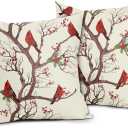 Red Winter Bird Pillow Covers 18x18 Set of 2 Rustic Christmas Bird Branches Leaf Print Decorative Outdoor Pillowcases Rustic Farmhouse Throw Cushion Case Decor for Couch Sofa Bed
