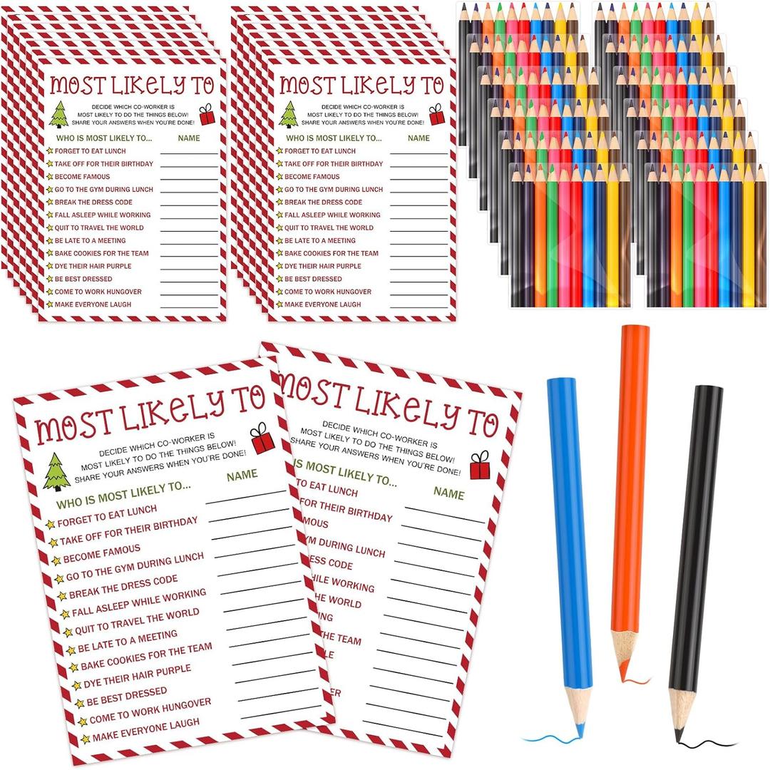 60 Pcs Christmas Office Party Games for Adults 30 Christmas Cards with 30 Colored Pencils Team Building Games for Holiday Family Group Office Coworkers(Most Likely to)