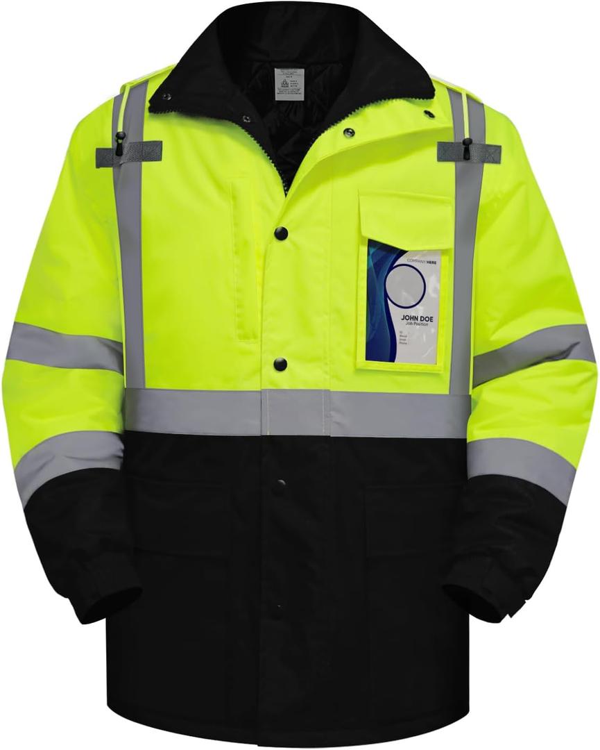 TCCFCCT Safety Jacket for Men & Women, Hi Vis Reflective Jackets with Pockets, Construction Coats for Cold Weather, High Vis Rain Gear, Waterproof, Long J-Yellow, Size S