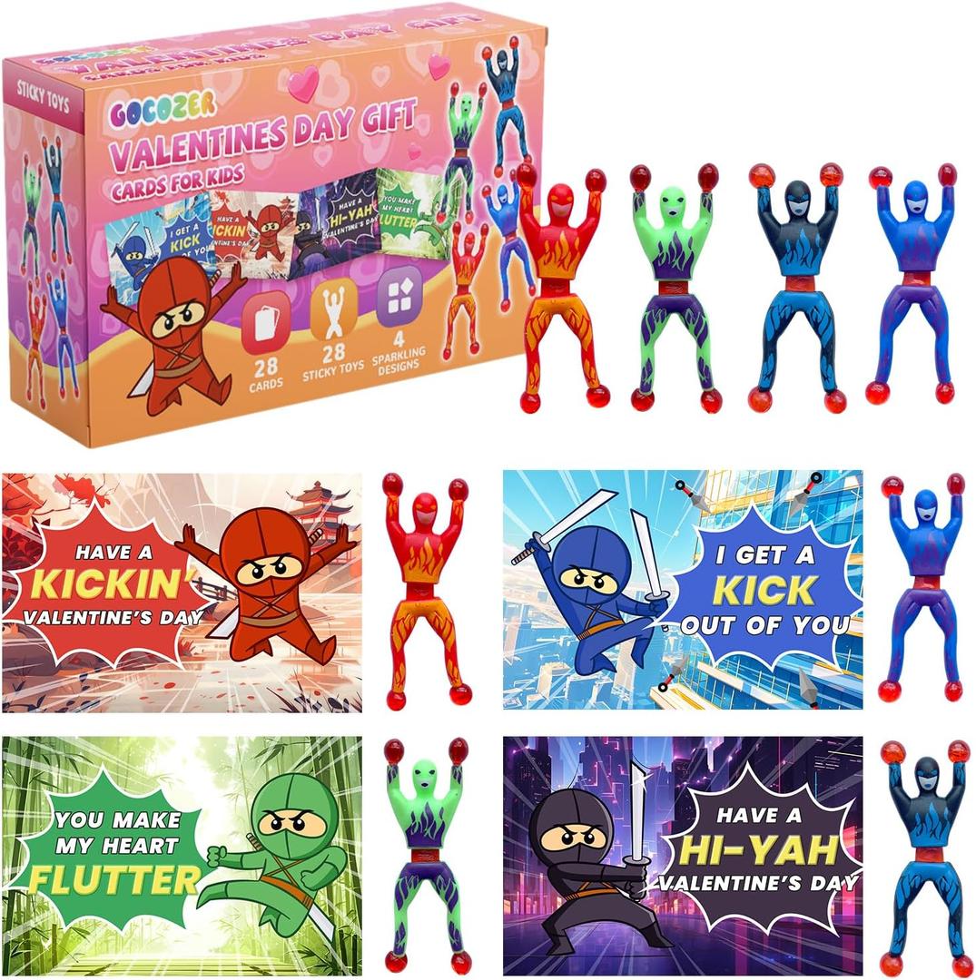 Gocozer 28 Packs Valentines Day Gifts for Kids, Ninja Sticky Stress Relief Tricky Toys with Ninja-Themed Valentines Cards for Classroom, School Valentines Day Gifts for Boys Girls