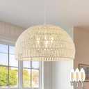 17.6 inch Cream Woven Pendant Light Wicker Pendant Lights 3-light Rattan Light Fixture Boho Chandelier Farmhouse Chandelier Dome Pendant Light for Dining Room Living Room Bedroom(Bulb Incl