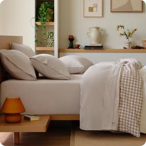 Bedsure 100% Washed Cotton Percale Sheets King Size - Linen Like Textured 6-Piece Bedsheet Set with 18" Deep Pocket, Breathable & PureWoven Soft Comfy (Linen Beige, King)