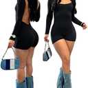 Hafailia Bodycon Jumpsuits for Women Sexy Backless Rompers Long Sleeve Scoop Neck Bodysuits One Piece Outfits Small. Black